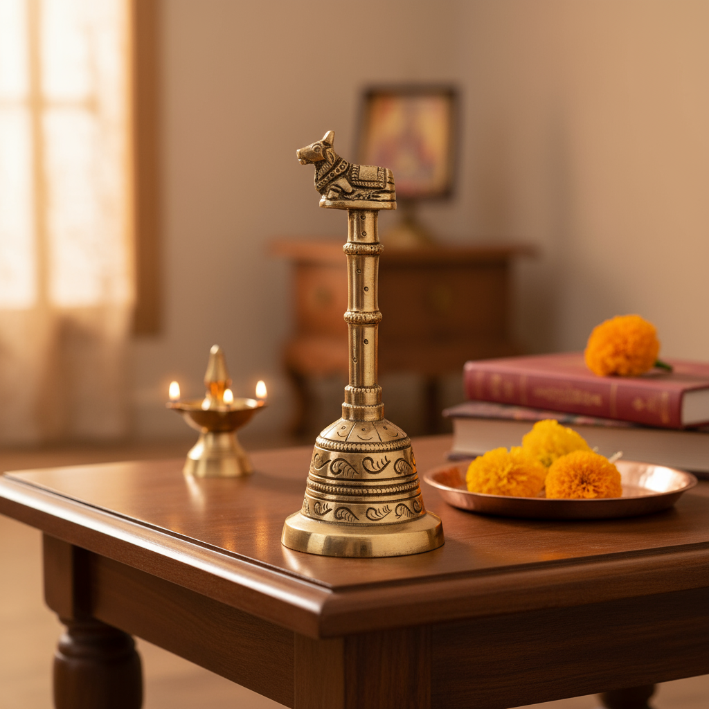 Traditional Brass Ghanta | Temple Bell with Auspicious Nandi Bull Finial