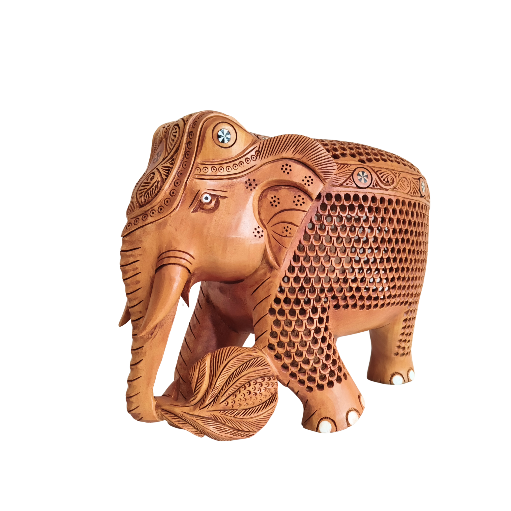 Masterpiece Jali Work Hand-Carved Wooden Elephant Sculpture
