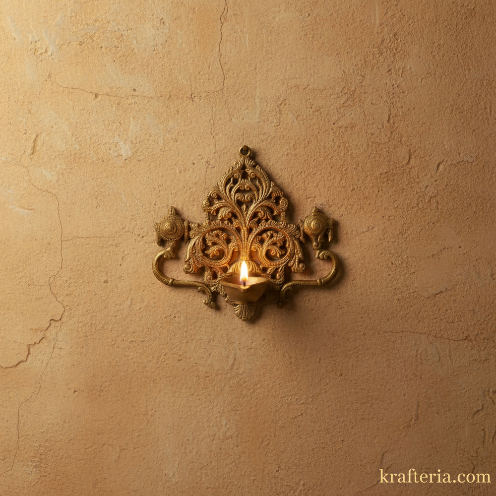 Brass Shankh Chakra Wall Hanging Diya | Traditional Indian Oil Lamp with Filigree Backplate   Brass Artwork