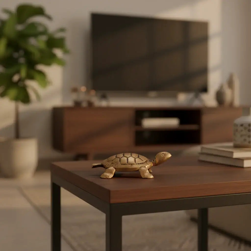 Small bronze turtle figurine with detailed shell pattern on a white background.