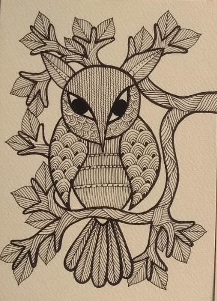 Sentinel of the Night Gond Owl in Intricate Ink Patterns   Paintings