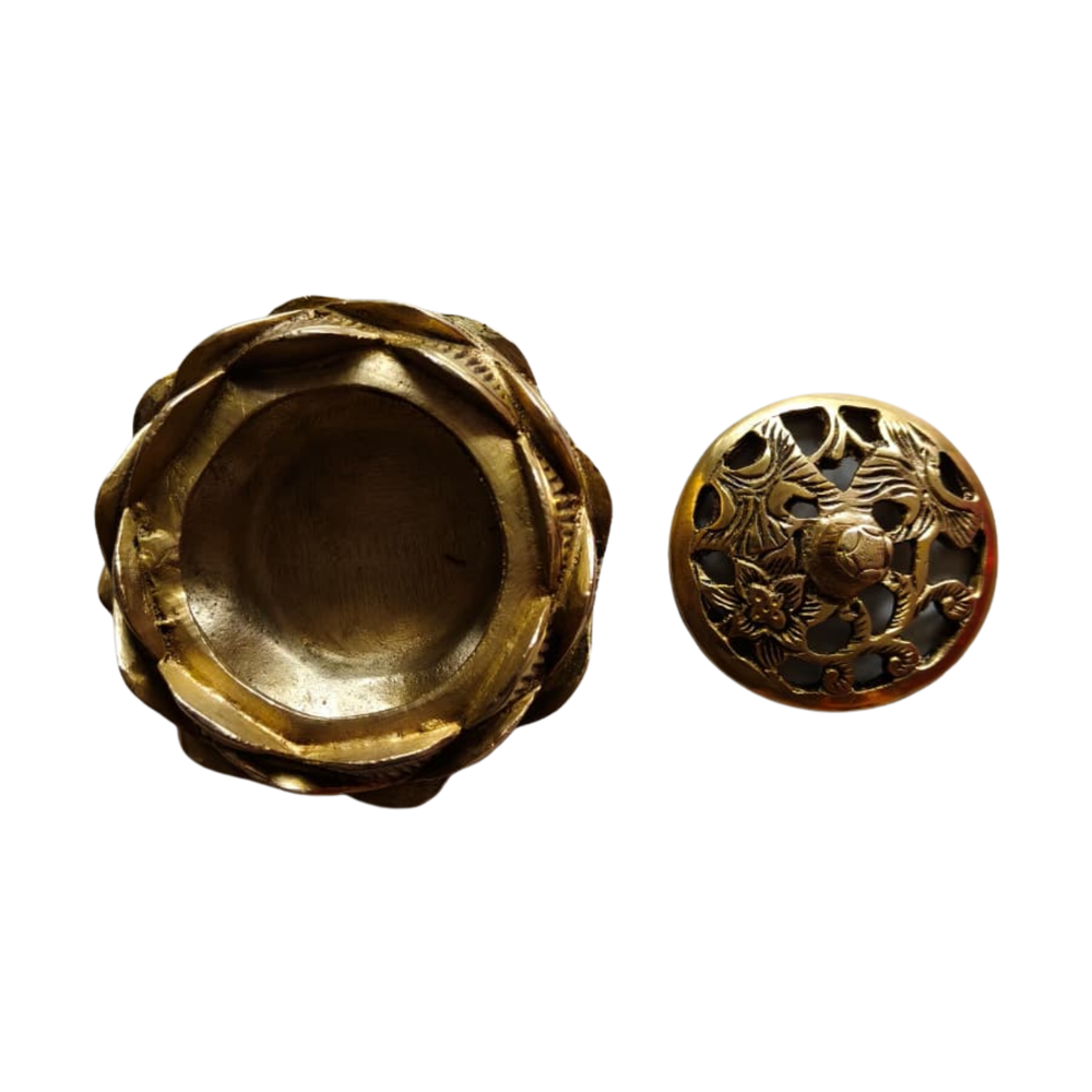 Elegant Brass Lotus Decor Bowl with Intricate Perforated Lid   Brass Ware