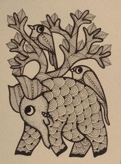 Hand-Drawn Elephant & Birds Nature Illustration | Intricate Line Art Wall Decor   Paintings