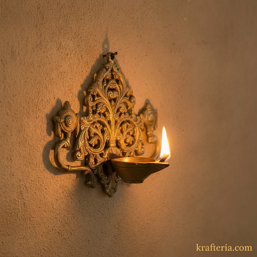 Brass Shankh Chakra Wall Hanging Diya | Traditional Indian Oil Lamp with Filigree Backplate   Brass Artwork