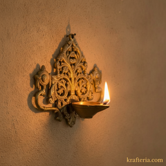 Brass Shankh Chakra Wall Hanging Diya | Traditional Indian Oil Lamp with Filigree Backplate   Brass Artwork