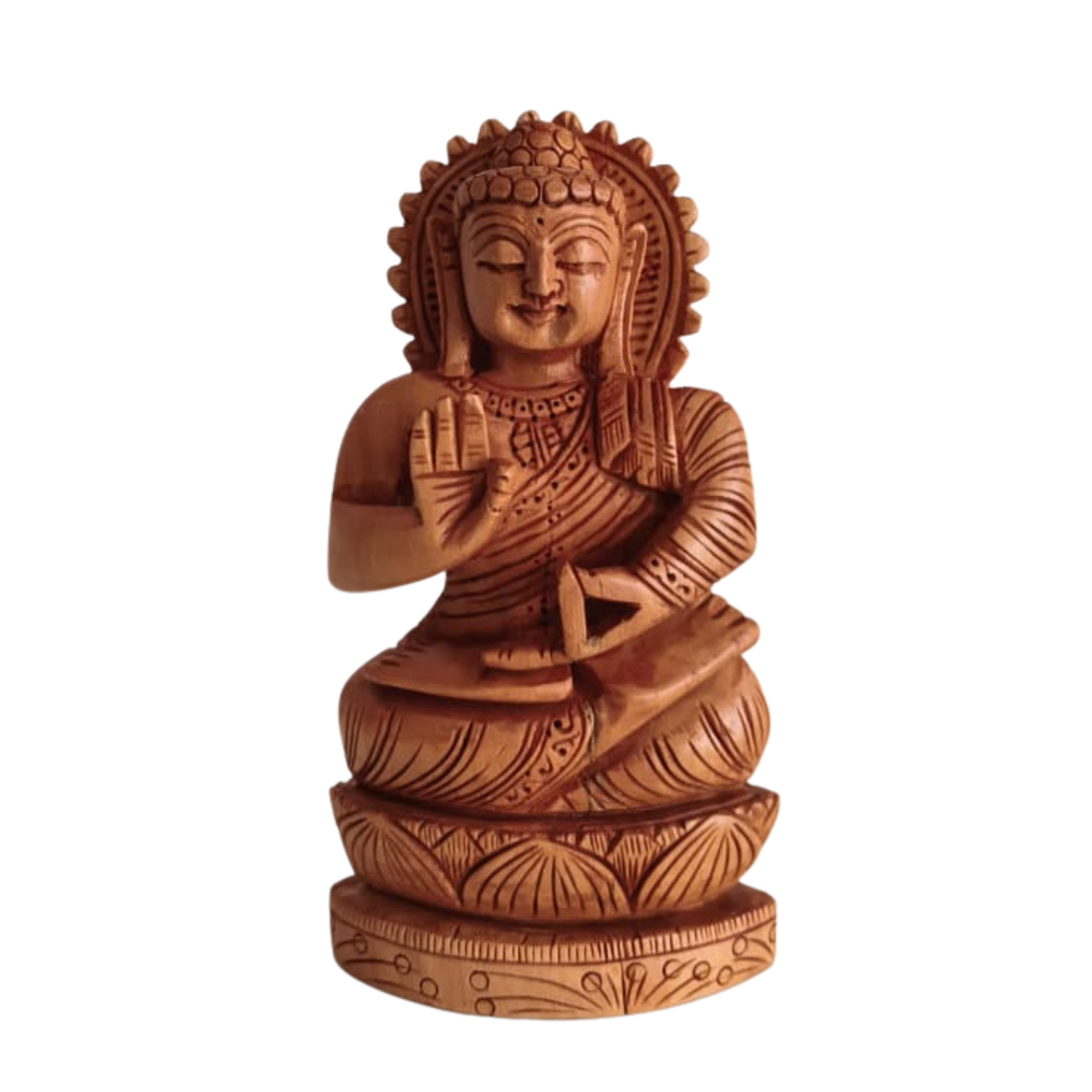 Hand-Carved Wooden Buddha Statue in Vitarka Mudra on Lotus Base