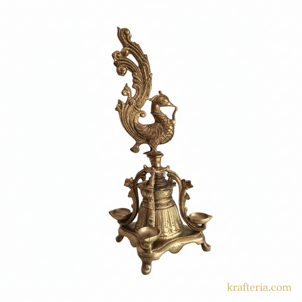 Brass Peacock Pedestal Diya – 4 Wick Traditional Standing Oil Lamp   Brass Artwork