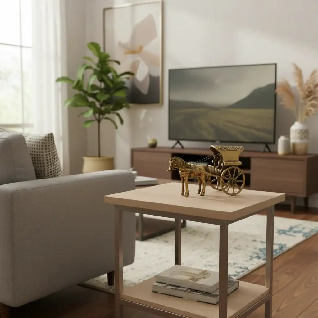 Vintage Style Brass Horse and Chariot Figurine | Handcrafted Indian Tonga / Buggy Decor   Brass Ware