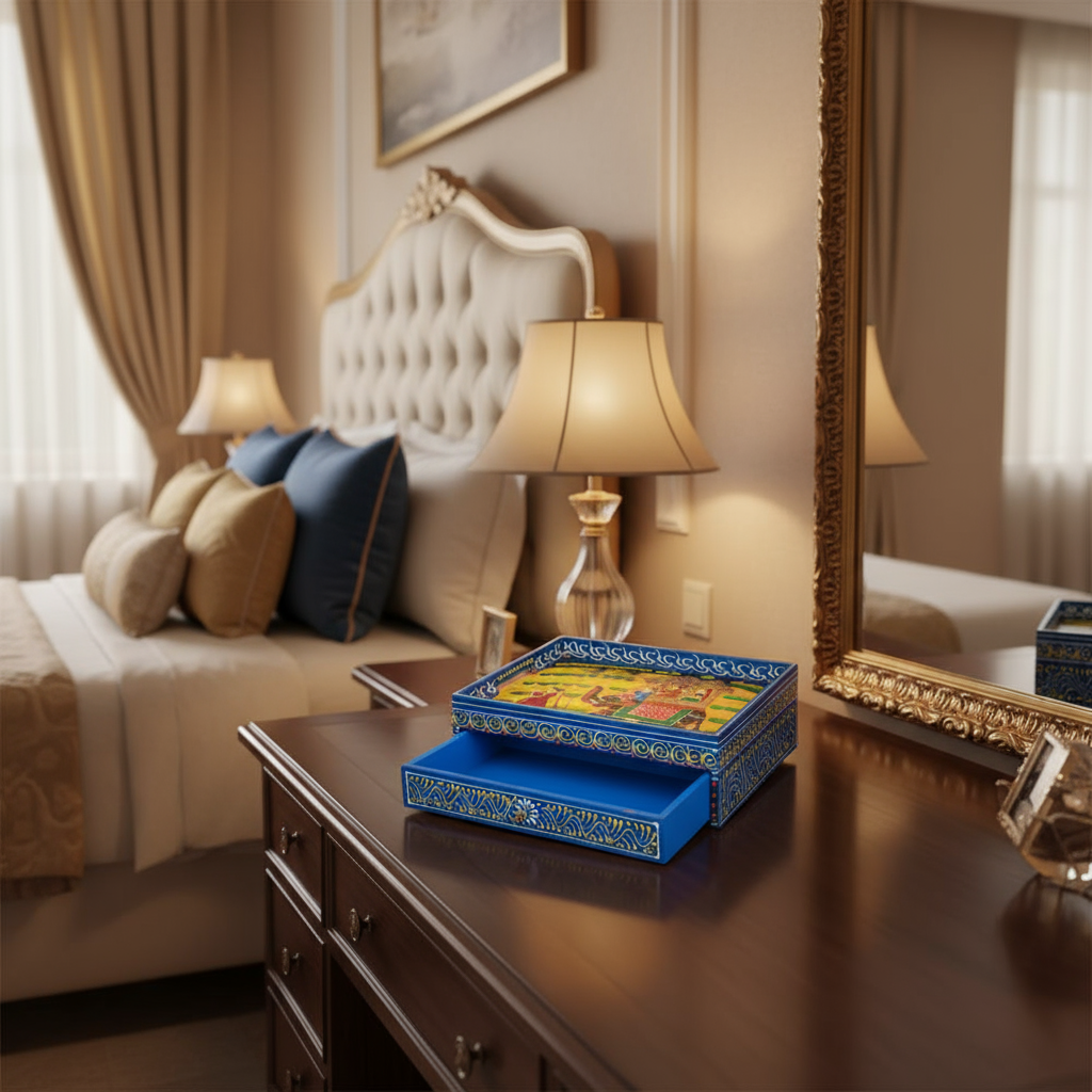 Royal Elephant Procession Hand-Painted Wooden Drawer Box