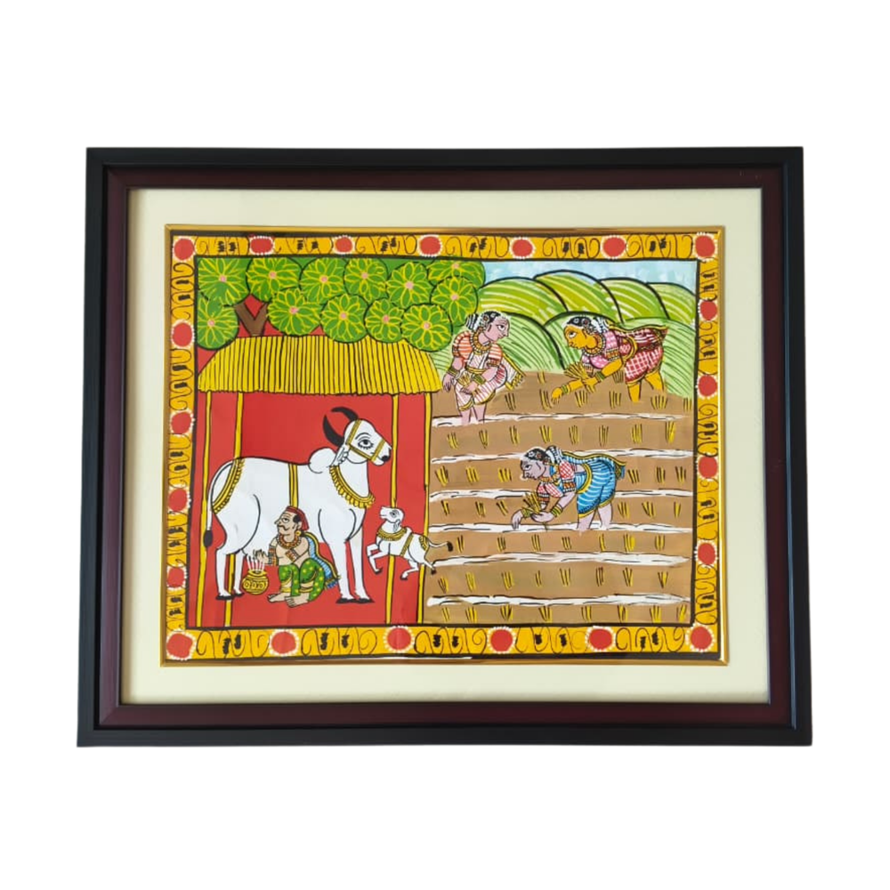 Hand-Painted Cheriyal Painting - Paddy Harvest & Cattle Care   Cheriyala Painting