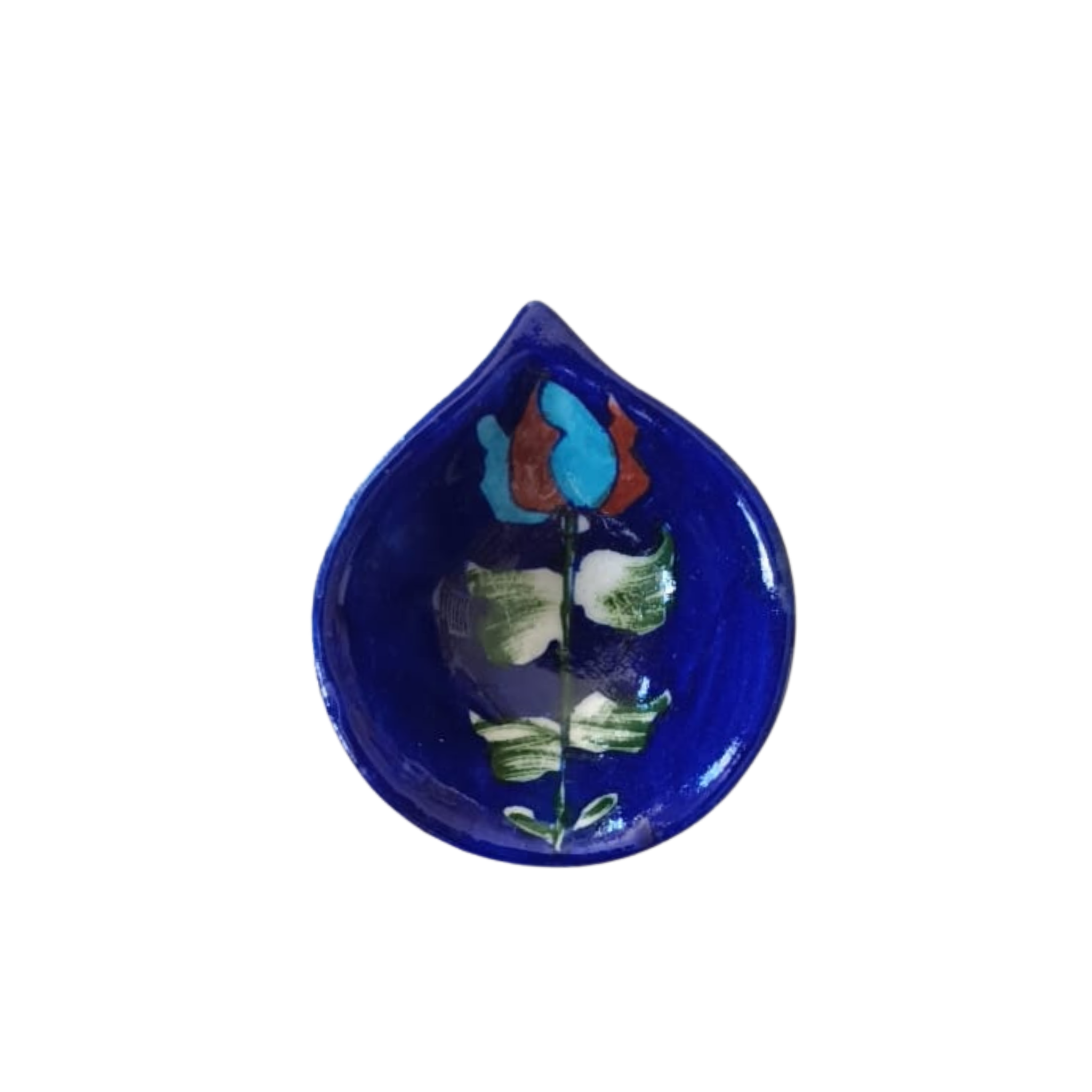 Leaf/Teardrop Shaped Blue Pottery Diya | Abstract Floral Oil Lamp