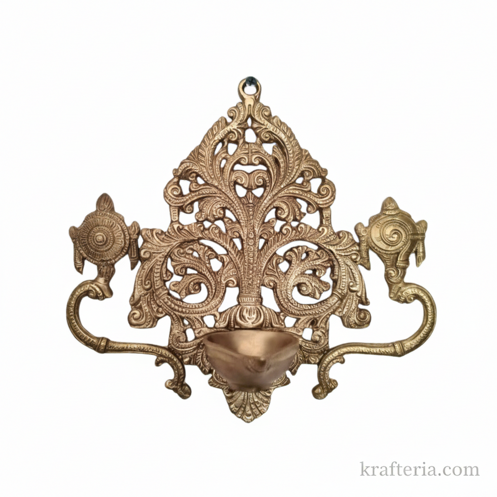 Brass Shankh Chakra Wall Hanging Diya | Traditional Indian Oil Lamp with Filigree Backplate   Brass Artwork