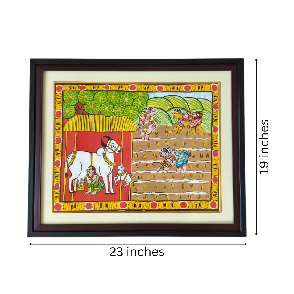 Hand-Painted Cheriyal Painting - Paddy Harvest & Cattle Care   Cheriyala Painting