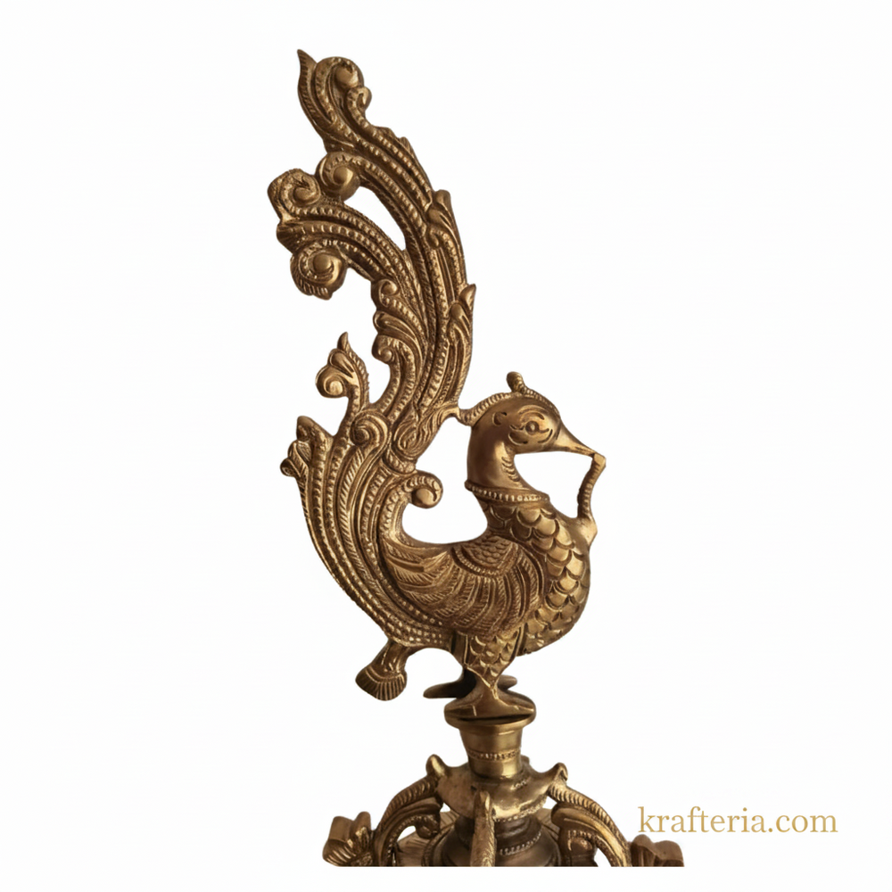 Brass Peacock Pedestal Diya – 4 Wick Traditional Standing Oil Lamp   Brass Artwork