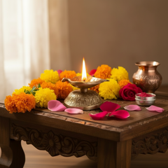 Elegant Brass Leaf-Shaped Diya with Carved Base