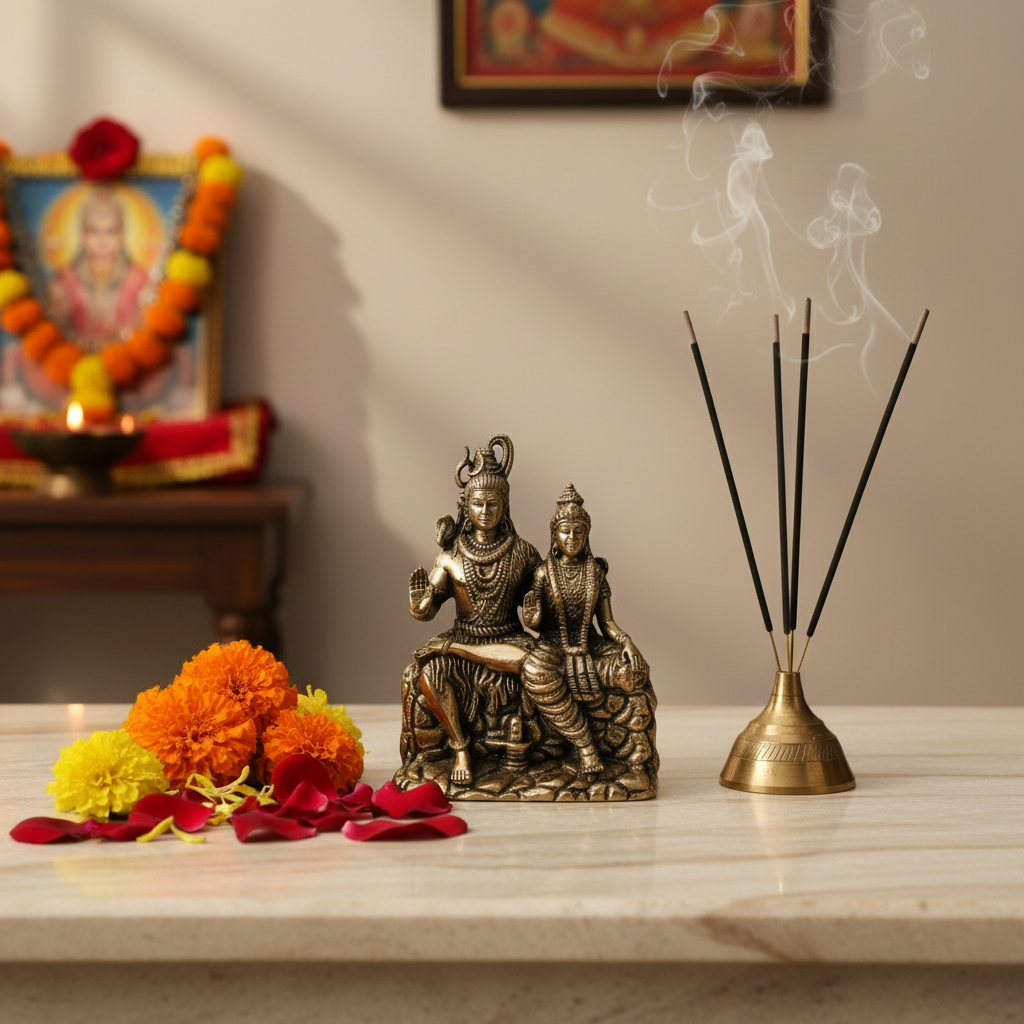 Brass Shiva Parvati Idol – Uma-Maheshwara Seated on Kailash