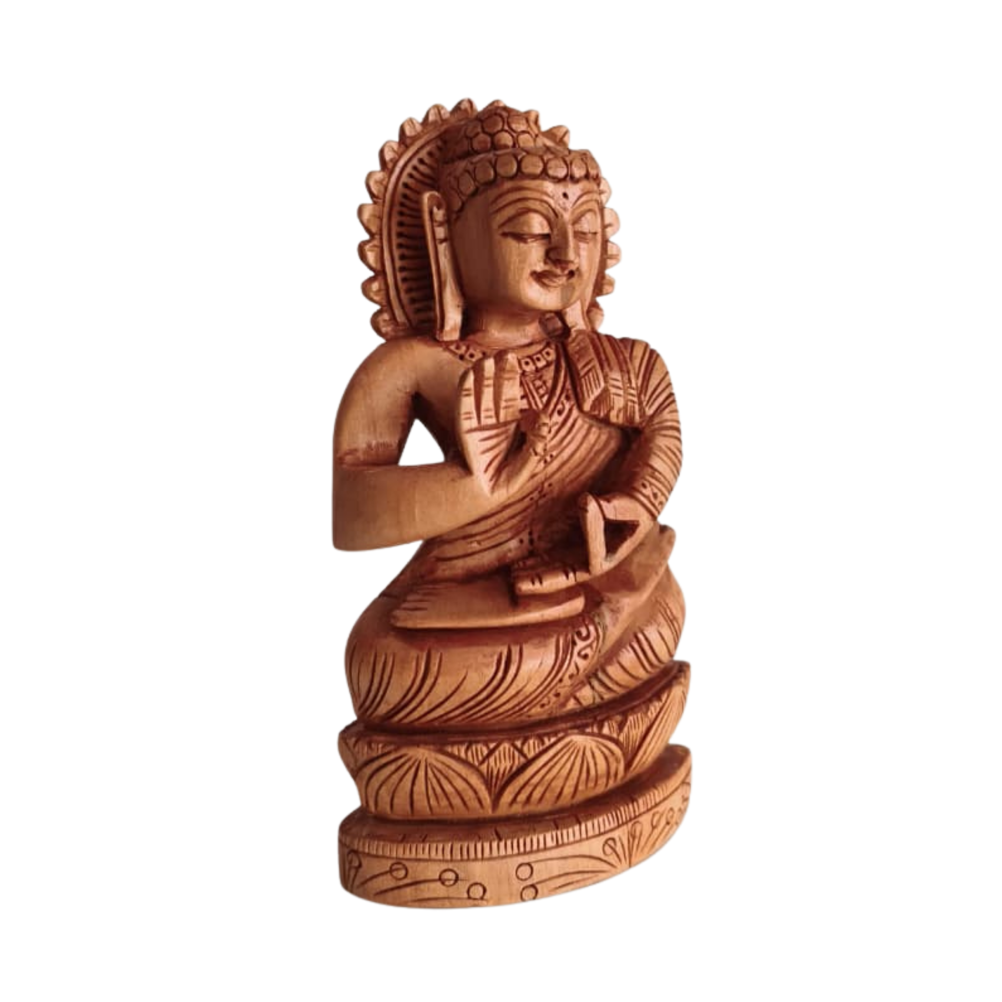 Hand-Carved Wooden Buddha Statue in Vitarka Mudra on Lotus Base