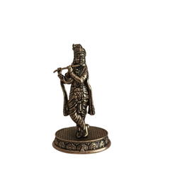 Brass Idol of Lord Krishna with Flute (Murali) on Detailed Pedestal