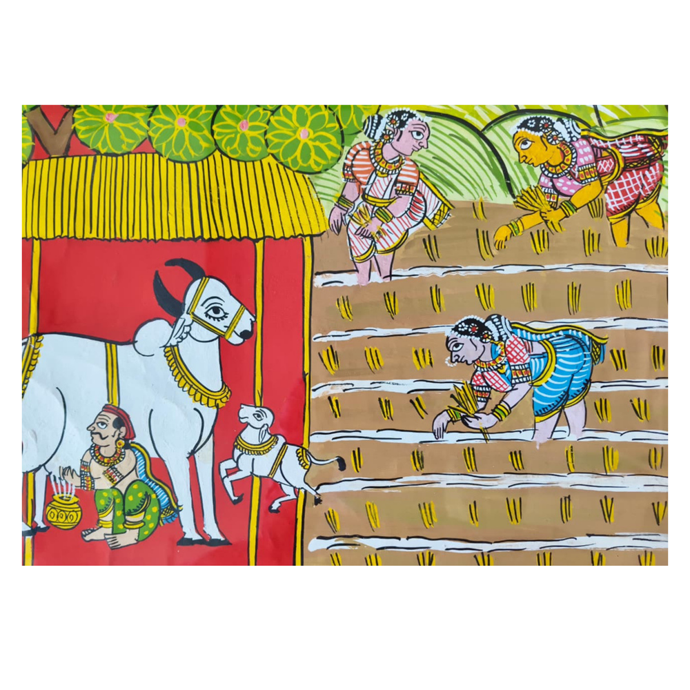 Hand-Painted Cheriyal Painting - Paddy Harvest & Cattle Care   Cheriyala Painting