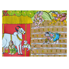 Hand-Painted Cheriyal Painting - Paddy Harvest & Cattle Care   Cheriyala Painting