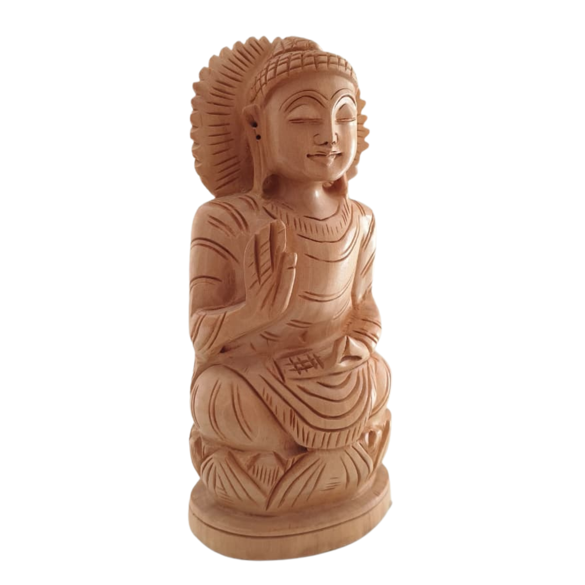 Hand-Carved Wooden Buddha Sitting In Lotus Decorative Background Panel