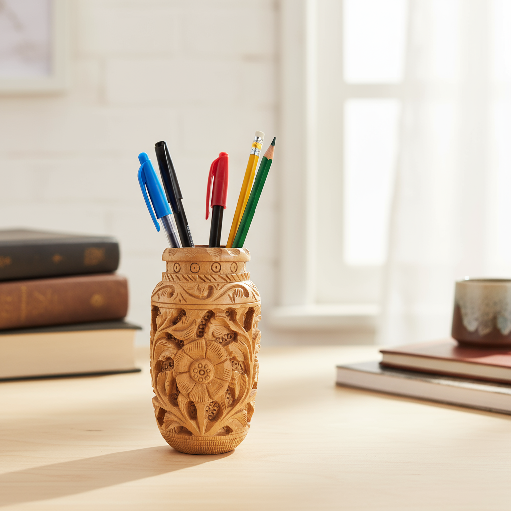 Hand-Carved Wooden Pen Stand – Elegant Desk Organizer
