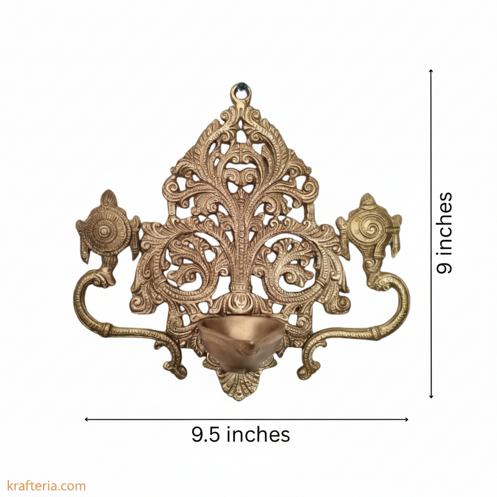 Brass Shankh Chakra Wall Hanging Diya | Traditional Indian Oil Lamp with Filigree Backplate   Brass Artwork