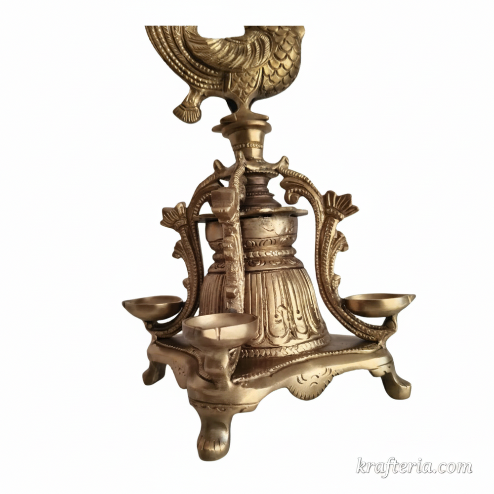 Brass Peacock Pedestal Diya – 4 Wick Traditional Standing Oil Lamp   Brass Artwork