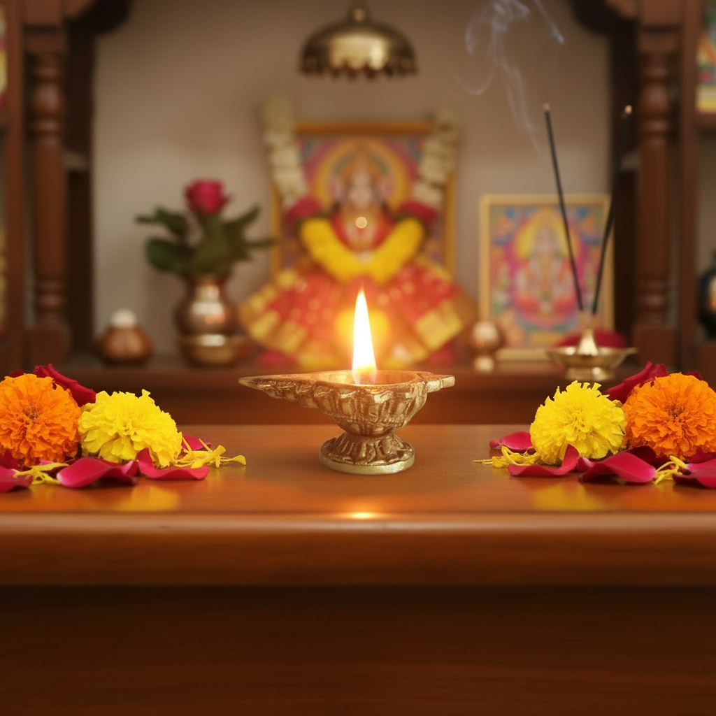 Intricately Carved Brass Base Diya