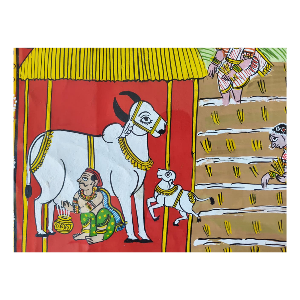 Hand-Painted Cheriyal Painting - Paddy Harvest & Cattle Care   Cheriyala Painting