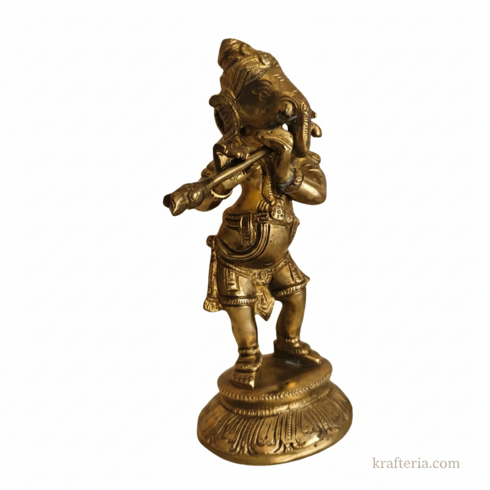 Lord Ganesha Playing Flute Altar Idol   Brass Artwork