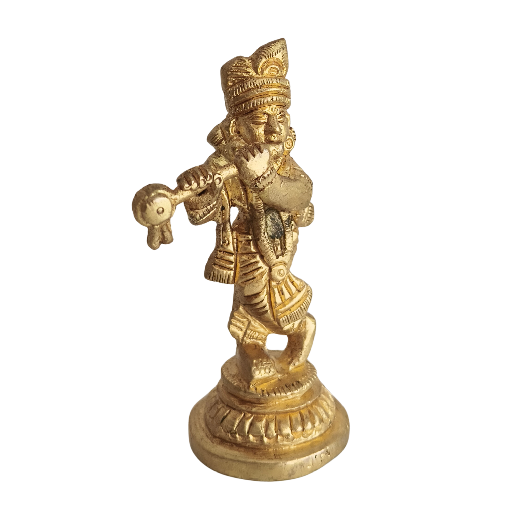 Miniature Golden Brass Lord Krishna Flute Player Idol (Bala Krishna Murti)