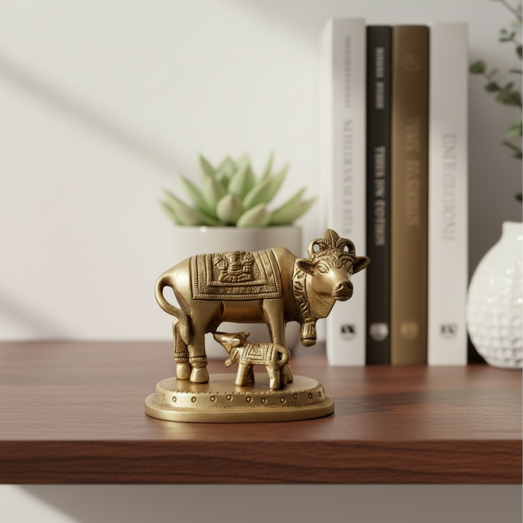 Brass Kamadhenu Cow and Calf Idol – Divine Gau Mata for Wealth