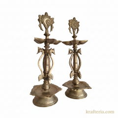 Grand Brass Shankh Chakra Pedestal Lamps | Pair of Traditional Tall Vishnu Symbol Diyas   Brass Artwork