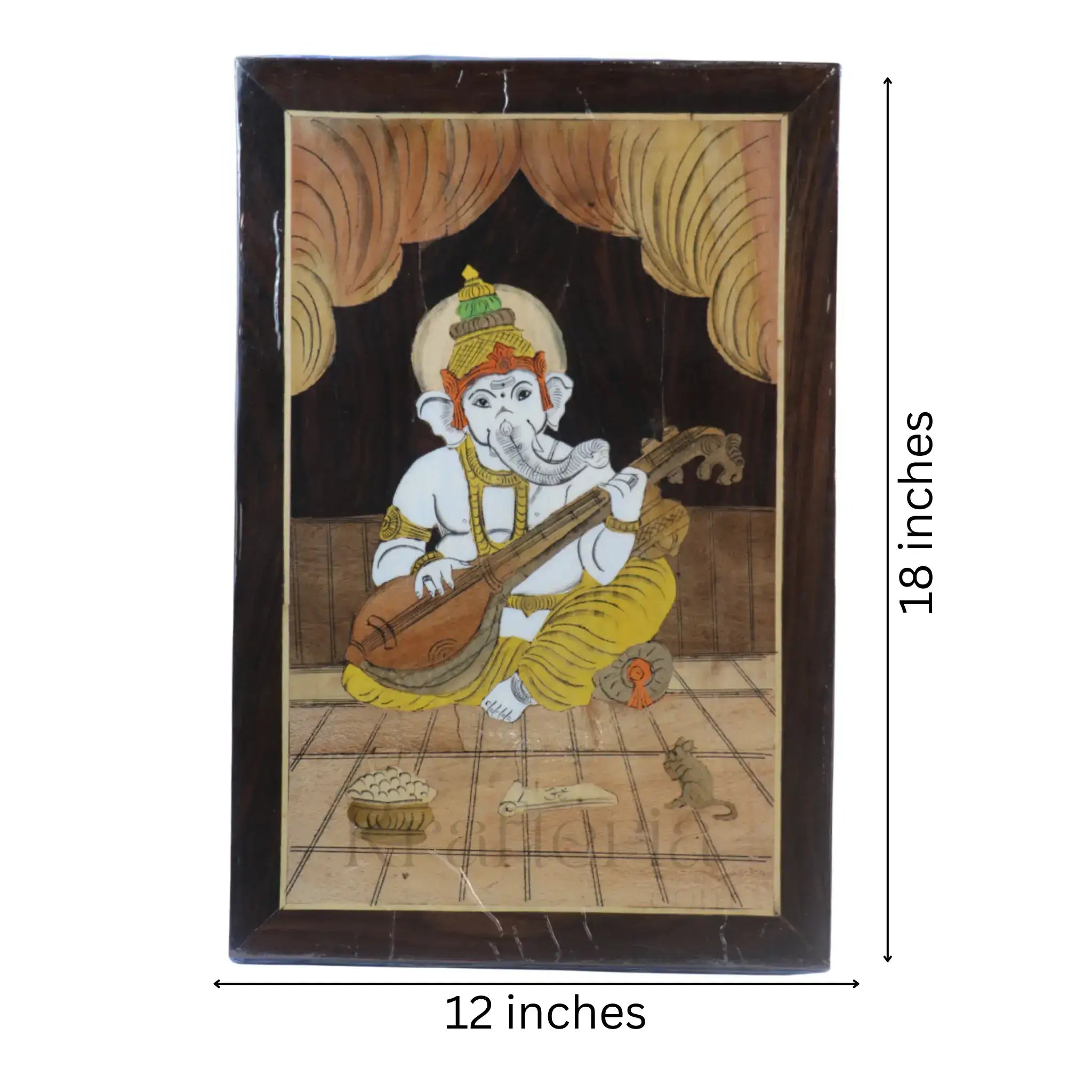 Ganesh in Temple Scene – Wooden Inlay Spiritual Artwork for Home & Office Arun