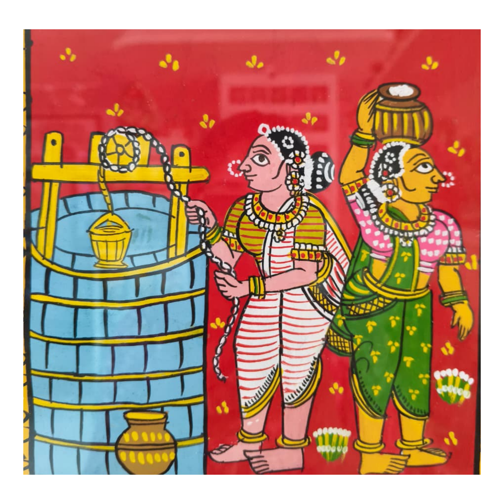 Hand-Painted Cheriyal Art - Village Women Fetching Water Scene   Cheriyala Painting