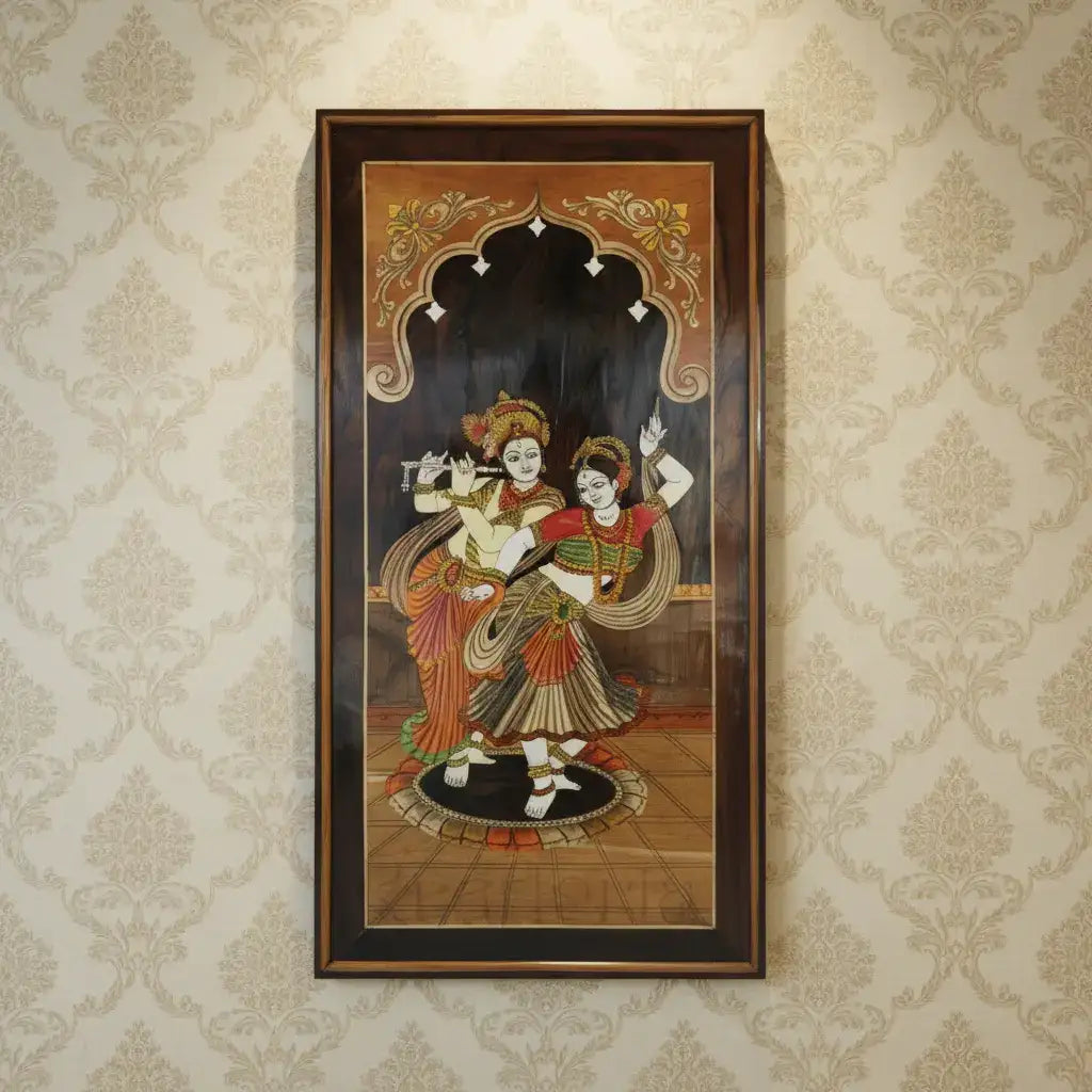 Radha Krishna in Rosewood Inlay – Exquisite Mysore Handicraft Wall Décor   Inlay Art