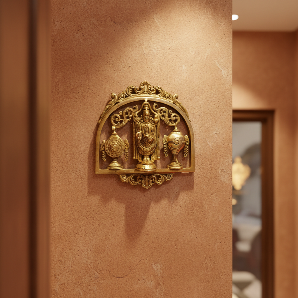 Lord Venkateswara Brass Wall Hanging with Shankh & Chakra - Balaji Prabhavali Wall Art   Brass Artwork