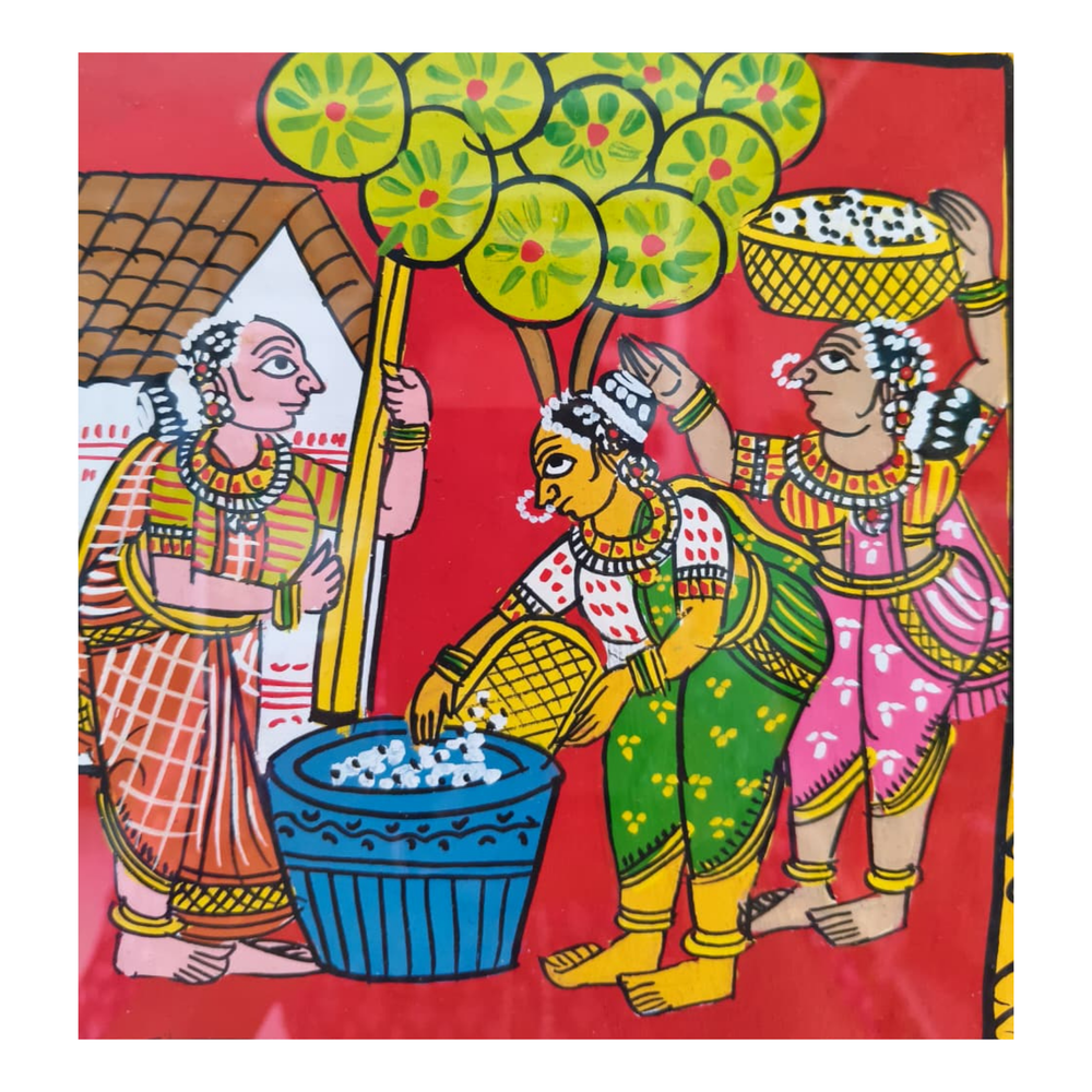 Village Grain Pounding Scene - Telangana Cheriyal Scroll Art   Cheriyala Painting