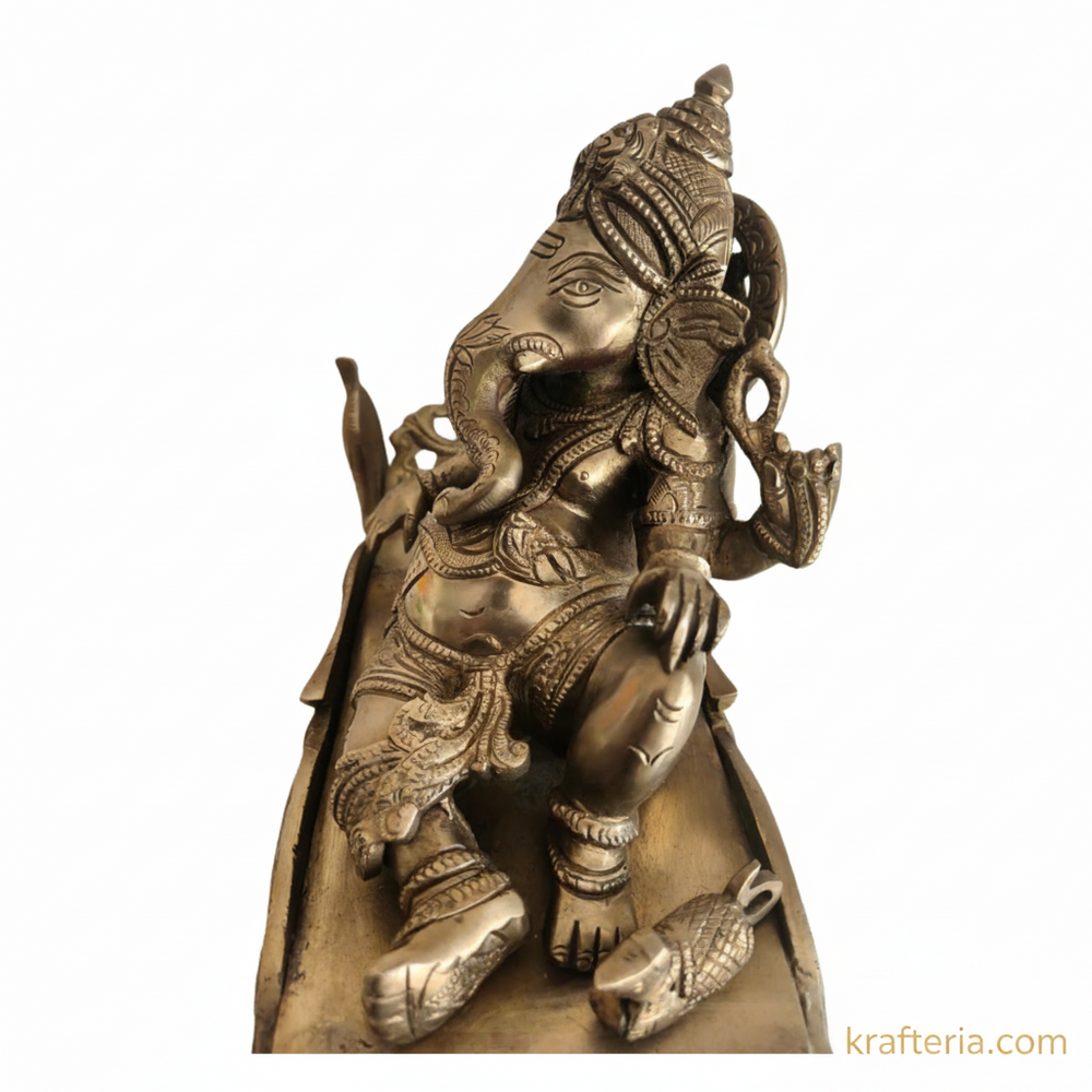 Brass Reclining Ganesha Statue – Traditional Relaxed Ganesha on Peacock Couch Idol   Brass Artwork
