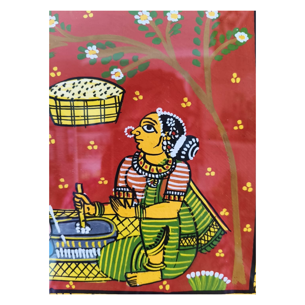Traditional Grinding Stone Village Artwork - Framed Cheriyal Painting   Cheriyala Painting