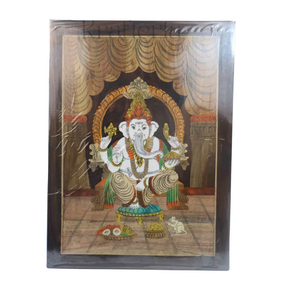 Lord Ganesha Seated on Chair – Rosewood Inlay Frame   Inlay Art