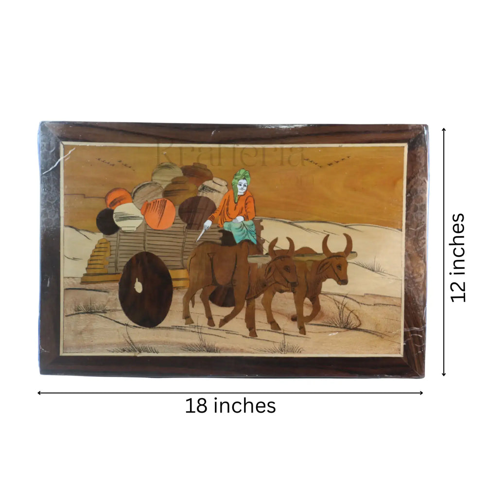Cultural Bullock Cart Scene in Wood Inlay – Unique Handcrafted Frame Arun