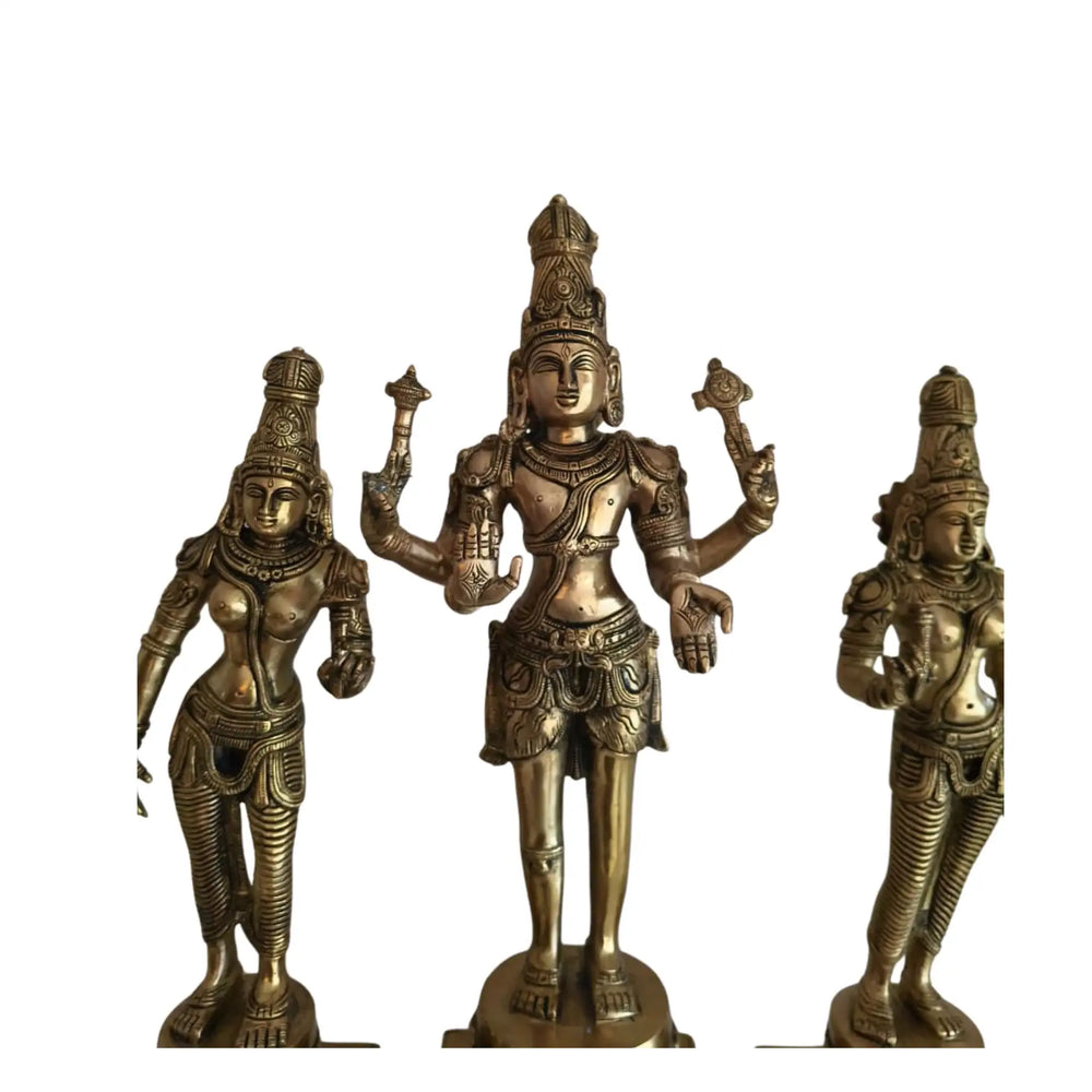 Brass Vishnu Lakshmi Bhudevi Statue Set – Antique Finish Hindu Deity Trio Idol   Brass Ware
