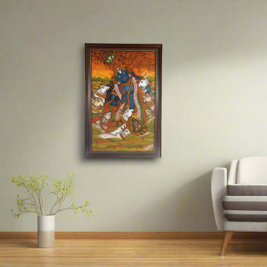 Kerala Mural Painting – Krishna in Vrindavan with Cows