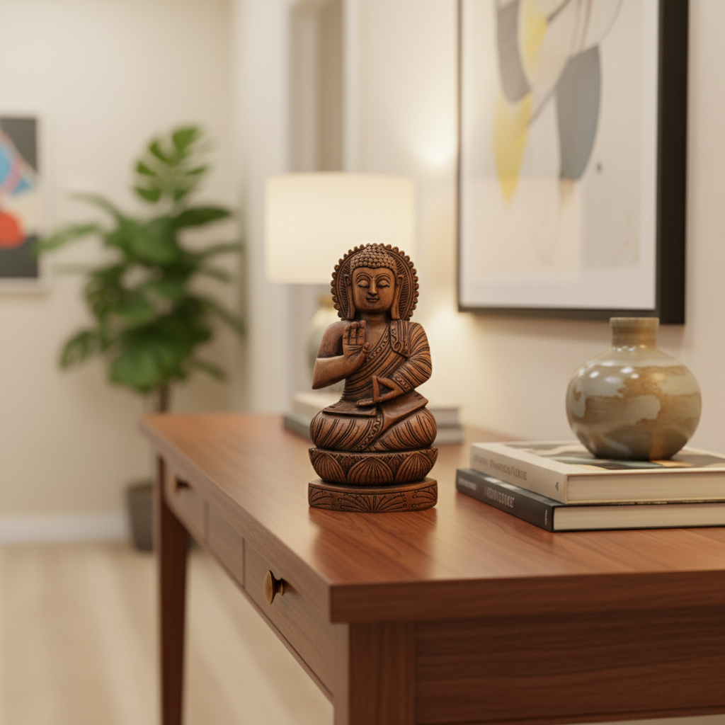 Hand-Carved Wooden Buddha Sitting In Lotus Decorative Background Panel