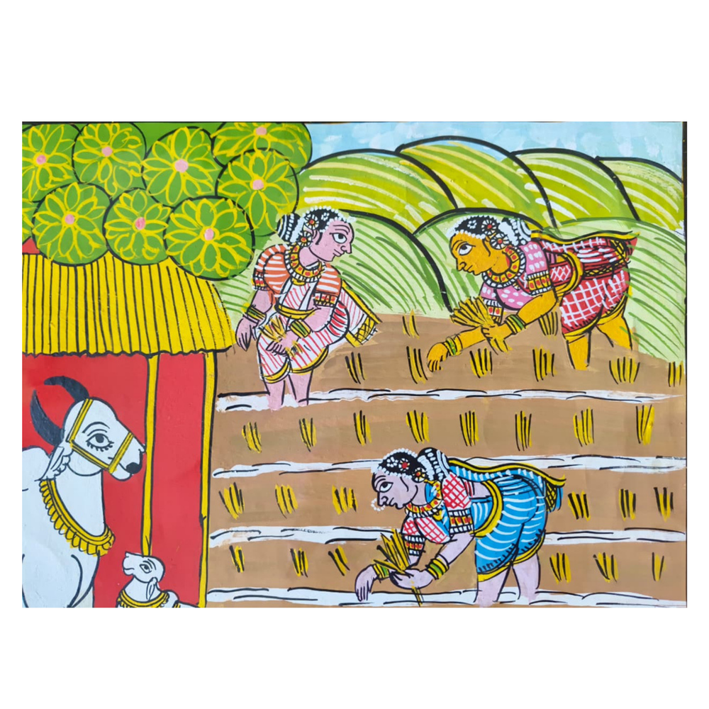 Hand-Painted Cheriyal Painting - Paddy Harvest & Cattle Care   Cheriyala Painting
