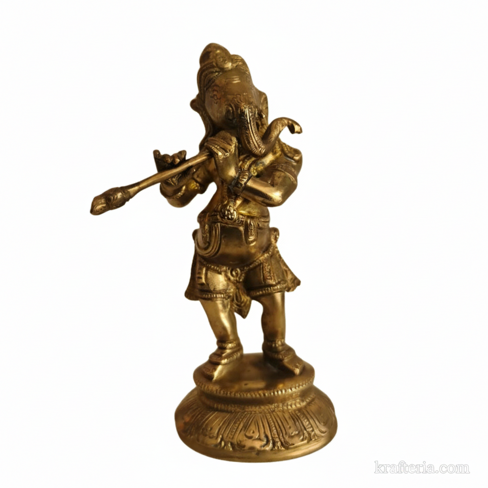 Lord Ganesha Playing Flute Altar Idol   Brass Artwork
