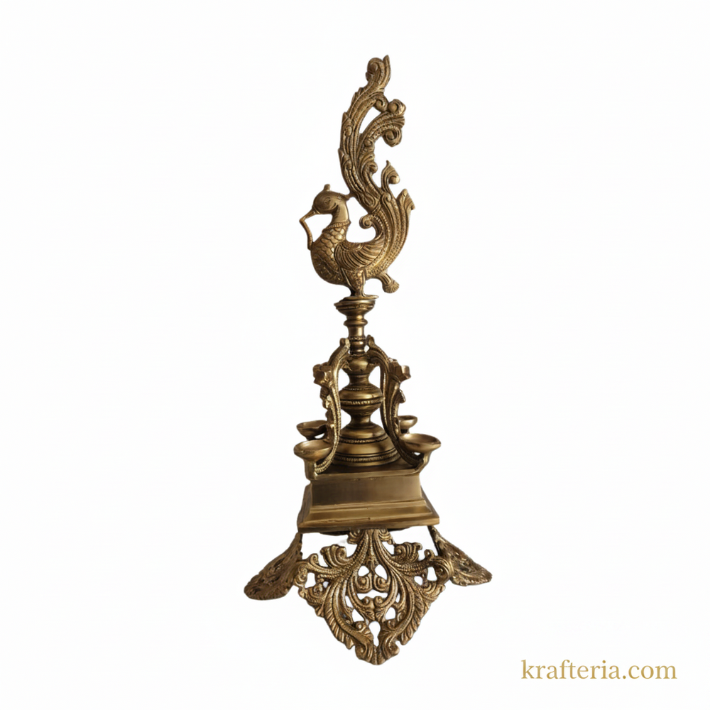 Brass Peacock Pedestal Diya – 4 Wick Traditional Standing Oil Lamp   Brass Artwork