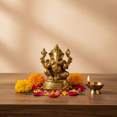 Seated Ganpati Statue with Gada and Pasha for Prosperity & Protection   Brass Artwork